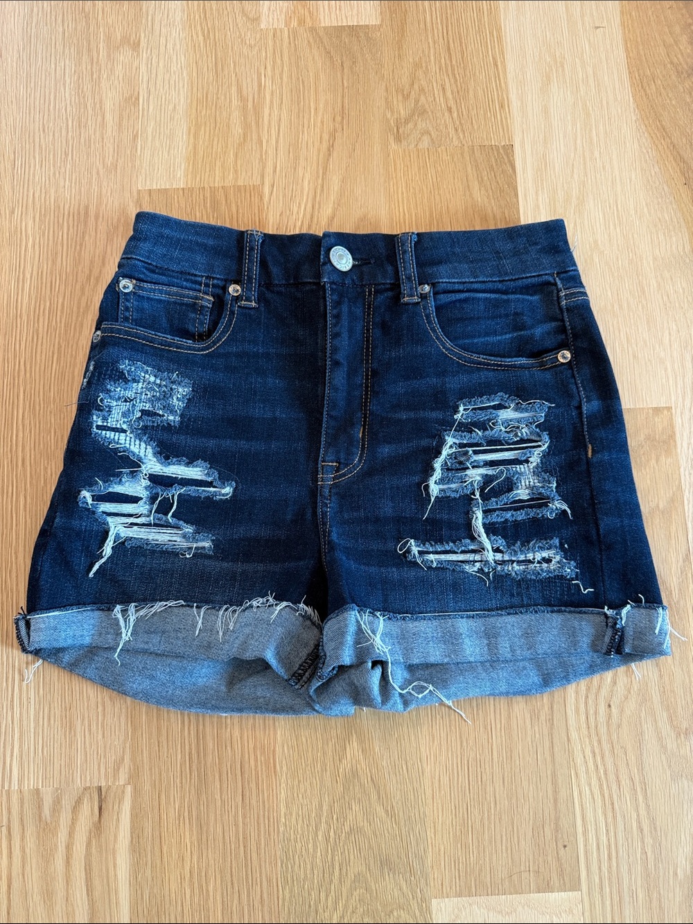 American Eagle Outfitters Curvy Hi-Rise Shortie Dark Jean Shorts Distressed 4